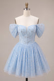 Sparkly Sequins Sky Blue A-Line Off the Shoulder Short Cocktail Dress