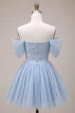 Sparkly Sequins Sky Blue A-Line Off the Shoulder Short Cocktail Dress