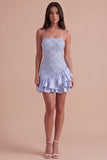 Dusty Blue Bodycon Tiered Spaghetti Straps Ruffled Short Cocktail Dress