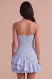 Dusty Blue Bodycon Tiered Spaghetti Straps Ruffled Short Cocktail Dress