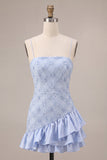 Dusty Blue Bodycon Tiered Spaghetti Straps Ruffled Short Cocktail Dress