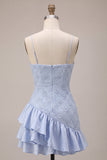 Dusty Blue Bodycon Tiered Spaghetti Straps Ruffled Short Cocktail Dress