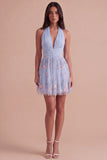 Sky Blue Floral Ruched Halter Short Cocktail Dress