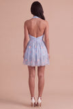 Sky Blue Floral Ruched Halter Short Cocktail Dress