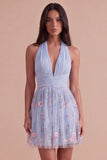 Sky Blue Floral Ruched Halter Short Cocktail Dress