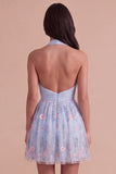Sky Blue Floral Ruched Halter Short Cocktail Dress