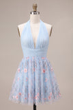 Sky Blue Floral Ruched Halter Short Cocktail Dress