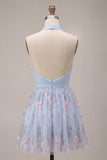 Sky Blue Floral Ruched Halter Short Cocktail Dress
