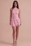 Pink Halter Ruffled Floral Tiered Short Cocktail Dress with Pearls