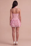 Pink Halter Ruffled Floral Tiered Short Cocktail Dress with Pearls