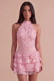 Pink Halter Ruffled Floral Tiered Short Cocktail Dress with Pearls