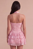 Pink Halter Ruffled Floral Tiered Short Cocktail Dress with Pearls