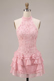 Pink Halter Ruffled Floral Tiered Short Cocktail Dress with Pearls