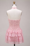 Pink Halter Ruffled Floral Tiered Short Cocktail Dress with Pearls