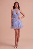 Sky Blue Corset High Neck Floral Short Cocktail Dress with Pearls