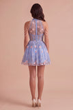 Sky Blue Corset High Neck Floral Short Cocktail Dress with Pearls