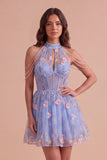 Sky Blue Corset High Neck Floral Short Cocktail Dress with Pearls