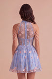 Sky Blue Corset High Neck Floral Short Cocktail Dress with Pearls