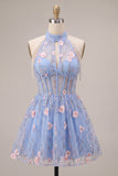 Sky Blue Corset High Neck Floral Short Cocktail Dress with Pearls