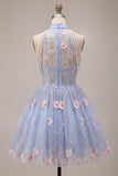 Sky Blue Corset High Neck Floral Short Cocktail Dress with Pearls
