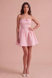 Pink A-Line Ruched Floral Strapless Mini Cocktail Dress