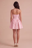 Pink A-Line Ruched Floral Strapless Mini Cocktail Dress