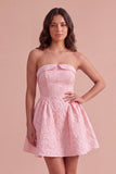Pink A-Line Ruched Floral Strapless Mini Cocktail Dress