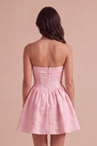 Pink A-Line Ruched Floral Strapless Mini Cocktail Dress