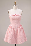 Pink A-Line Ruched Floral Strapless Mini Cocktail Dress
