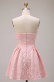 Pink A-Line Ruched Floral Strapless Mini Cocktail Dress