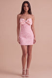 Pink Corset Bodycon Jacquard Mini Floral Cocktail Dress with Bow