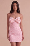 Pink Corset Bodycon Jacquard Mini Floral Cocktail Dress with Bow