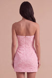 Pink Corset Bodycon Jacquard Mini Floral Cocktail Dress with Bow