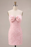 Pink Corset Bodycon Jacquard Mini Floral Cocktail Dress with Bow
