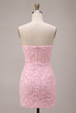 Pink Corset Bodycon Jacquard Mini Floral Cocktail Dress with Bow