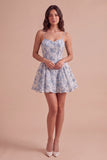 Spaghetti Straps Dusty Blue A-Line Floral Mini Cocktail Dress