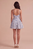 Spaghetti Straps Dusty Blue A-Line Floral Mini Cocktail Dress