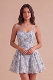 Spaghetti Straps Dusty Blue A-Line Floral Mini Cocktail Dress