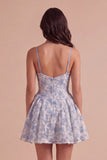 Spaghetti Straps Dusty Blue A-Line Floral Mini Cocktail Dress