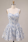 Spaghetti Straps Dusty Blue A-Line Floral Mini Cocktail Dress
