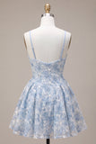 Spaghetti Straps Dusty Blue A-Line Floral Mini Cocktail Dress