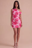 Fuchsia Bodycon One Shoulder Floral Mini Cocktail Dress