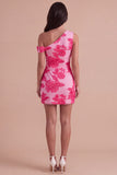 Fuchsia Bodycon One Shoulder Floral Mini Cocktail Dress