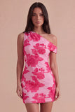 Fuchsia Bodycon One Shoulder Floral Mini Cocktail Dress