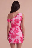Fuchsia Bodycon One Shoulder Floral Mini Cocktail Dress
