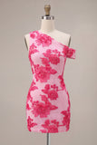Fuchsia Bodycon One Shoulder Floral Mini Cocktail Dress