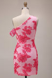 Fuchsia Bodycon One Shoulder Floral Mini Cocktail Dress