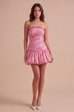 Sparkly Pink Strapless Bubble Ruched Sequins Mini Cocktail Dress