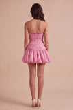 Sparkly Pink Strapless Bubble Ruched Sequins Mini Cocktail Dress