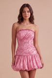 Sparkly Pink Strapless Bubble Ruched Sequins Mini Cocktail Dress
